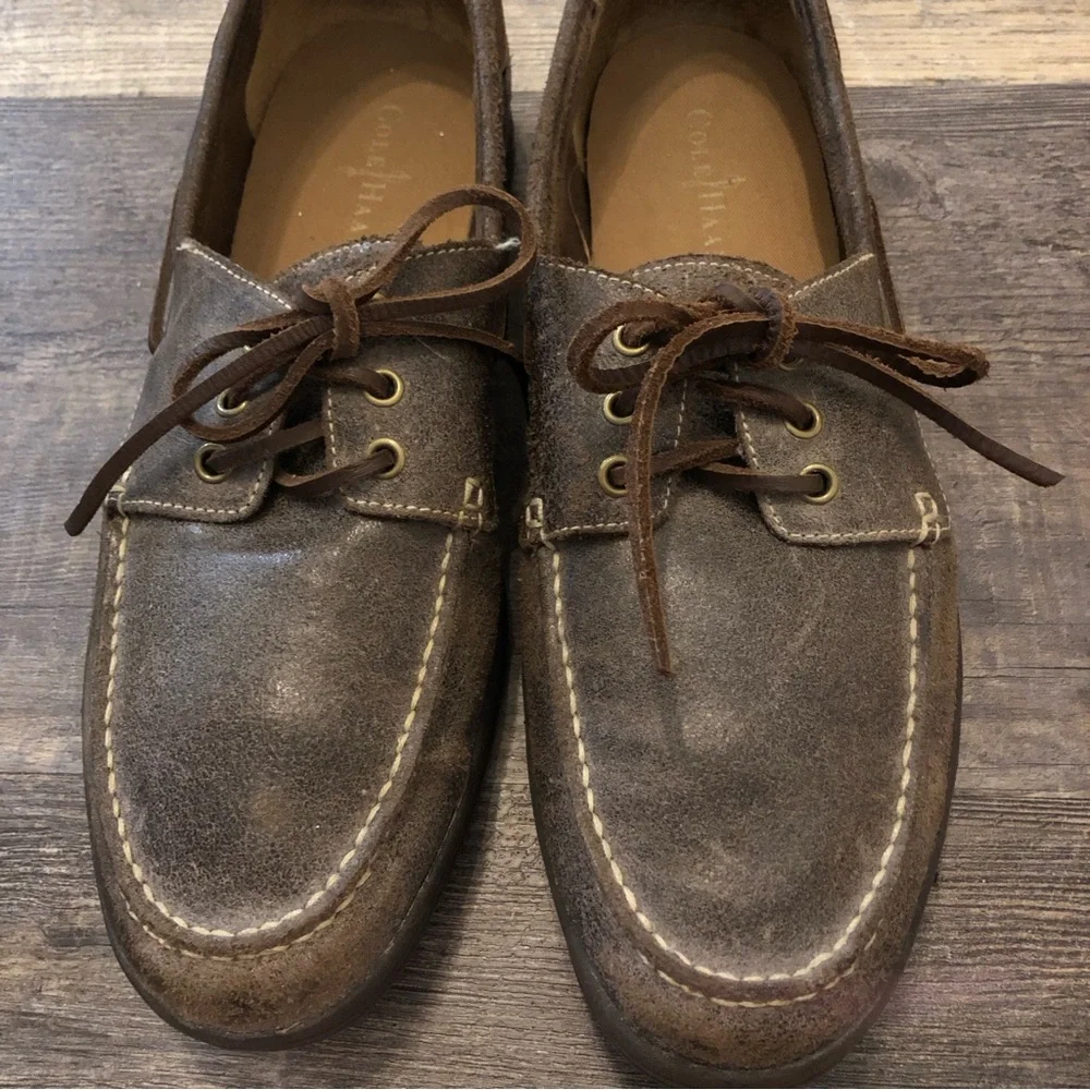 Cole Haan Men's 3-Eye dark gray Leather Boat Shoes, Size 13, C12250